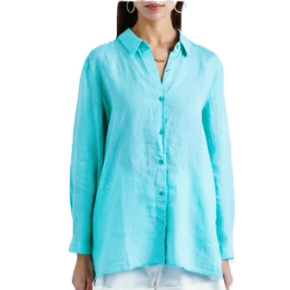 EILEEN FISHER Aqua Blue Organic Irish Linen Tunic Top Side Slits - Large - Picture 1 of 16